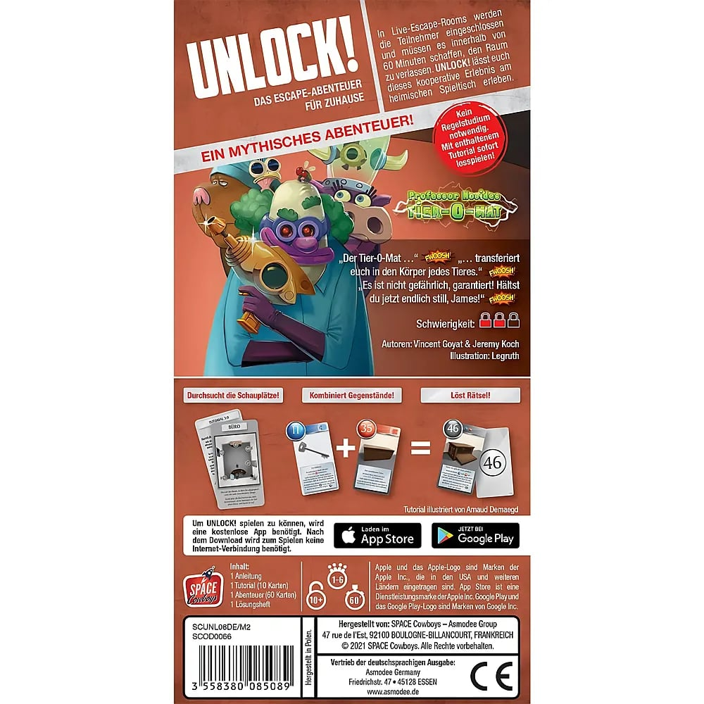 Retro della scatola del gioco di fuga UNLOCK! con personaggi dei cartoni animati e codice a barre.