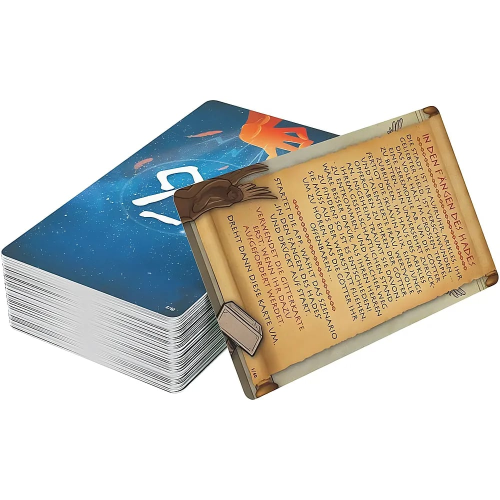 Un mazzo di carte con la carta superiore disegnata come un antico rotolo con testo in tedesco.