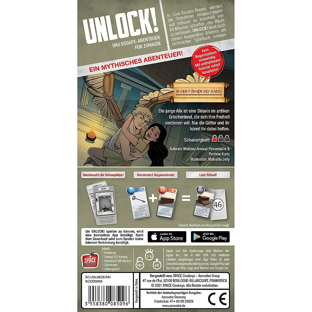 Retro della scatola del gioco da tavolo Unlock con testo, immagini e regole in tedesco.
