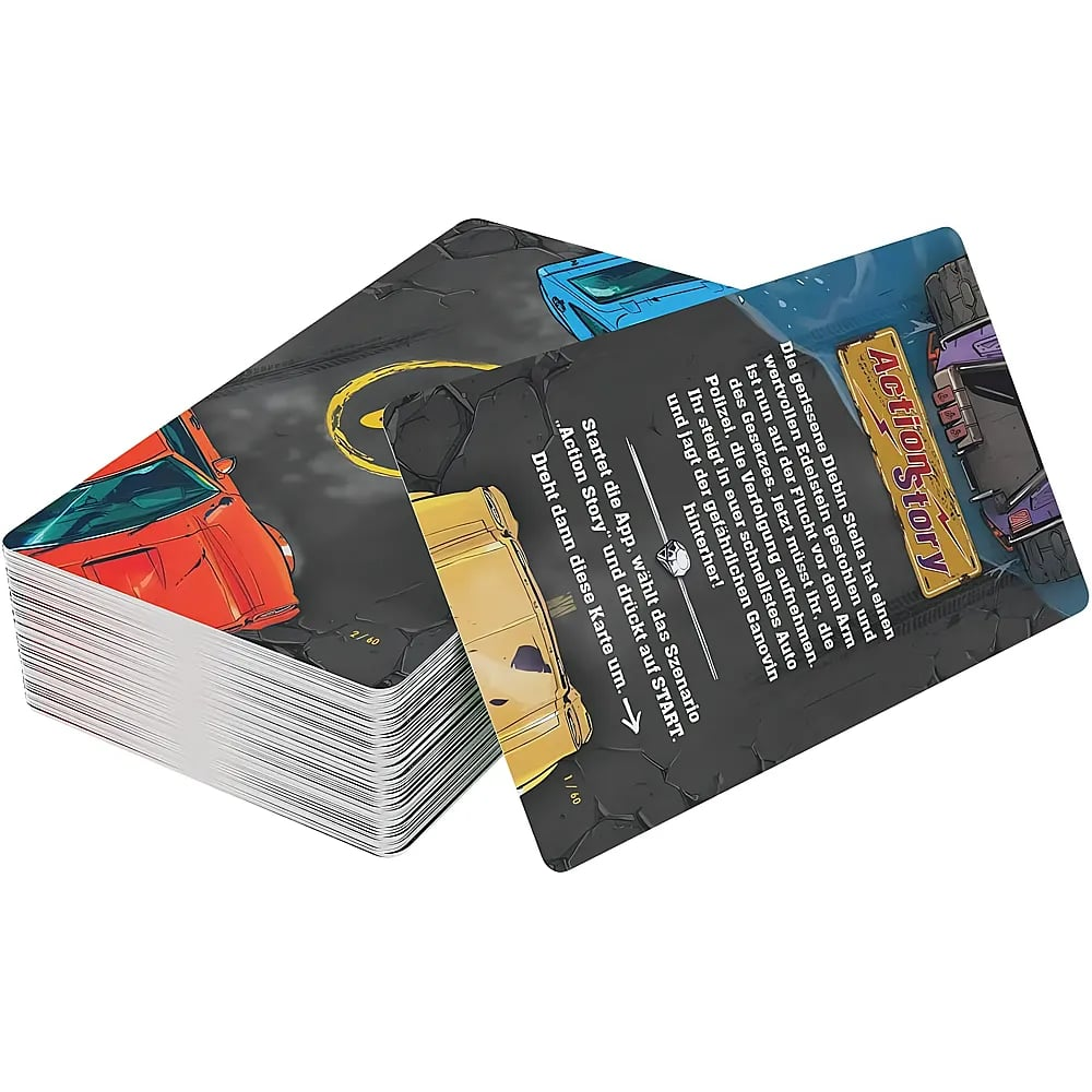 Un mazzo di carte con testo Action Story e illustrazioni di auto.