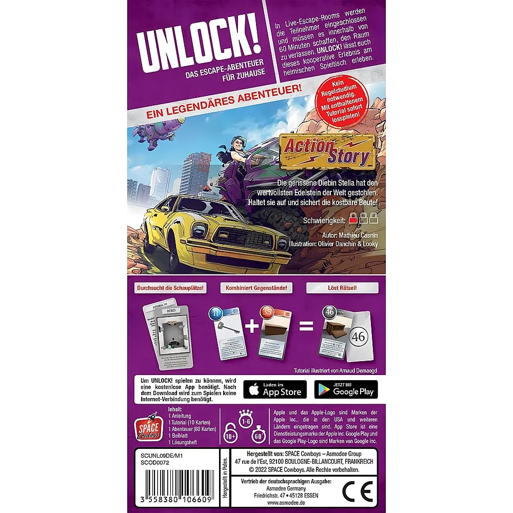 Retro della scatola del gioco da tavolo Unlock! con illustrazione d'avventura, regole e codice a barre.