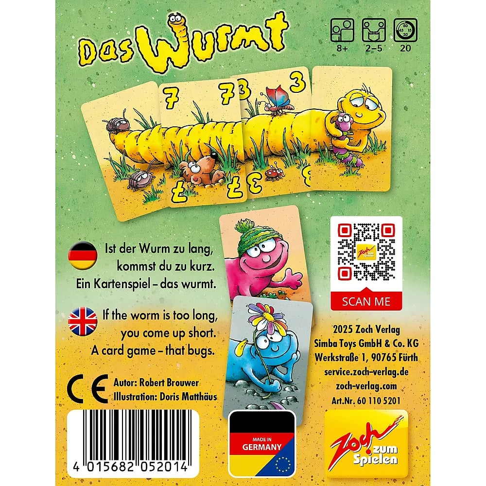 Rückseite des Kartenspiels 'das Wurmt' mit gelbem Wurm auf Karten, Text, QR-Code und Barcode.