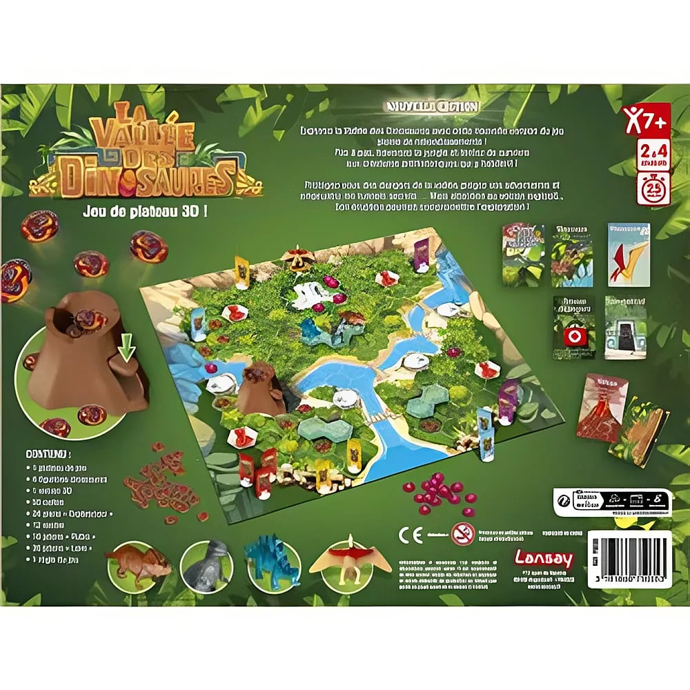 Emballage d'un jeu de société 3D de dinosaures sur fond vert avec plateau, figurines et cartes.