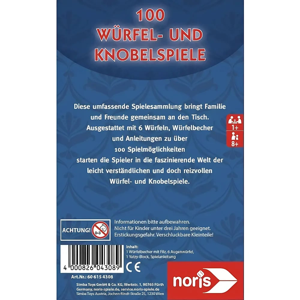Rückseite einer blauen Spieleverpackung für 100 Würfel- und Knobelspiele von Noris.