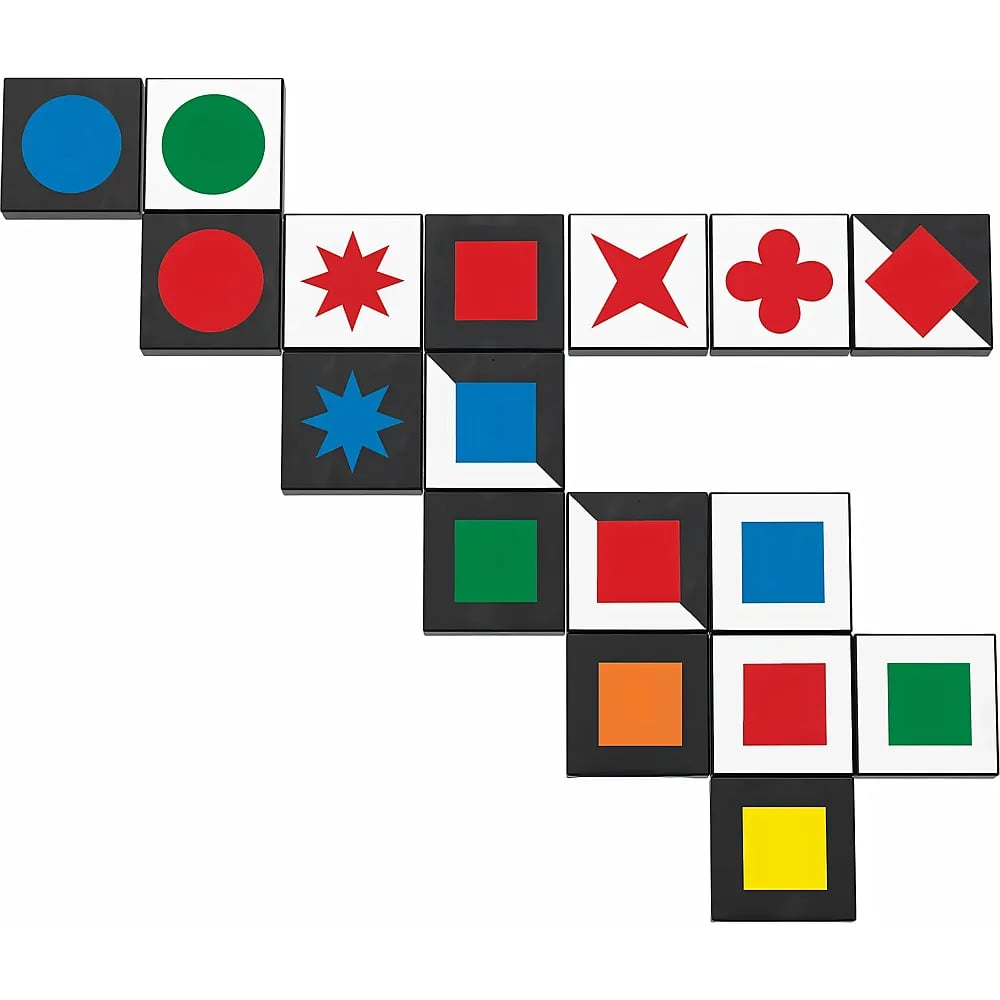 Ein diagonales Muster aus bunten Formen und Symbolen in schwarzen und weißen Kacheln auf weißem Hintergrund.