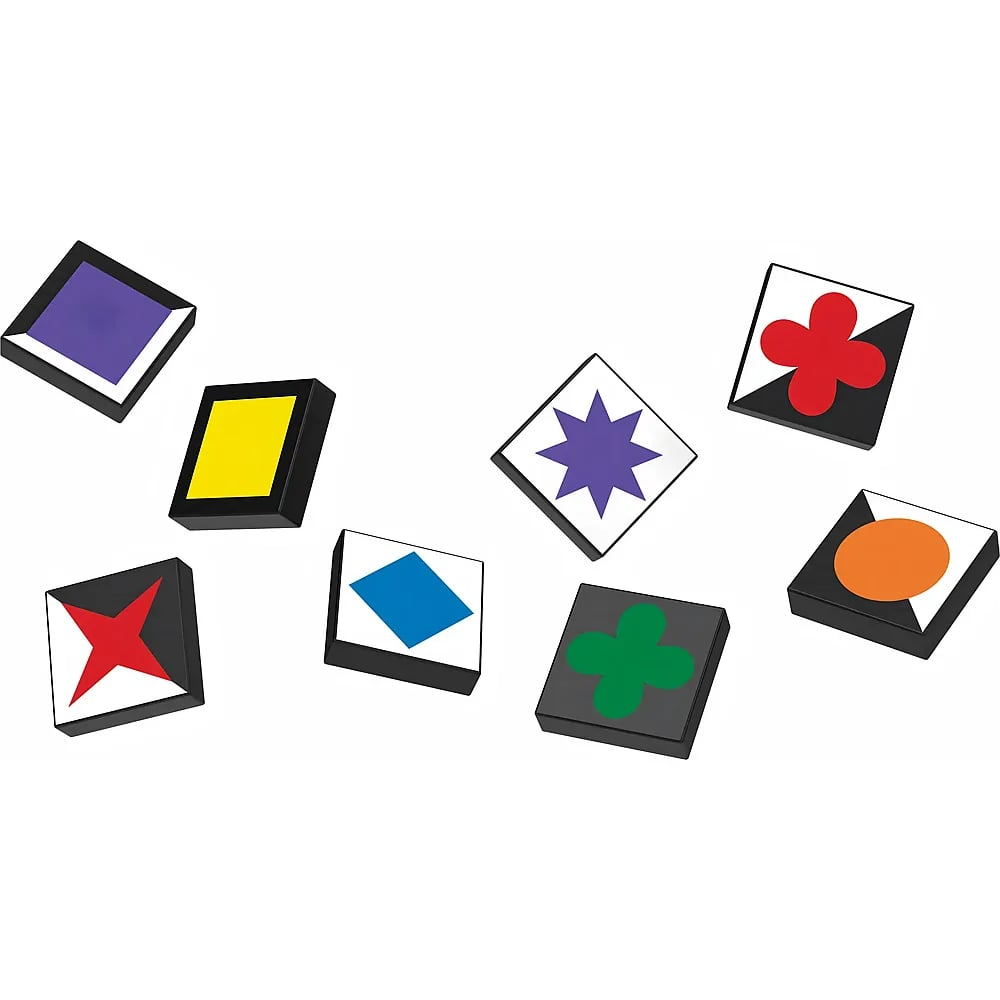 Acht schwarze Blöcke mit bunten geometrischen Formen auf weißem Hintergrund.