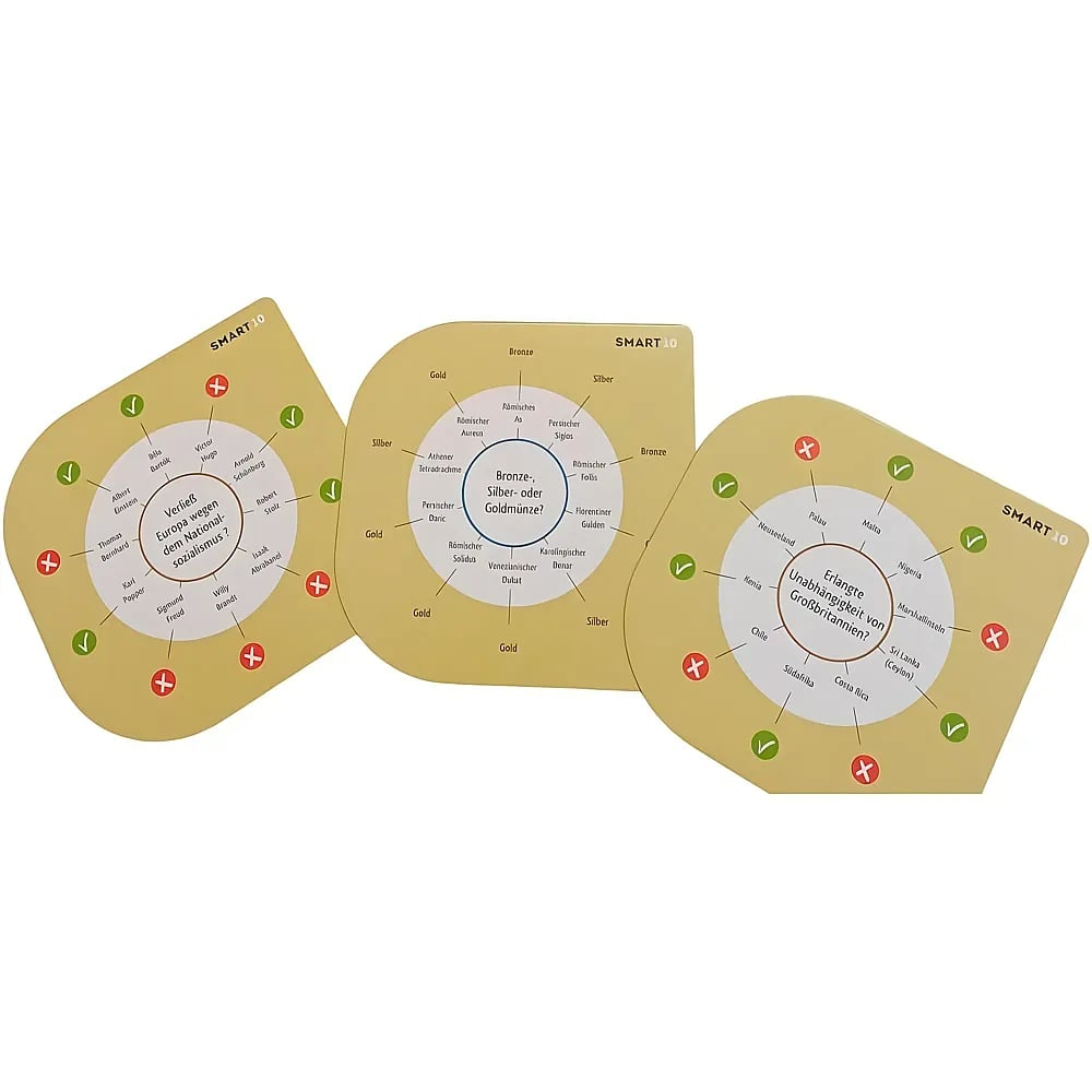 Trois cartes de quiz Smart 10 jaunes avec des questions et réponses disposées en cercle.