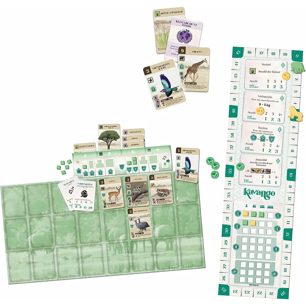 Un jeu de société avec des cartes, des motifs d'animaux, des tableaux de score, des jetons verts et un tapis.