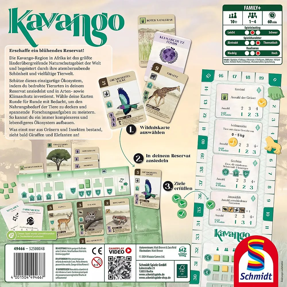 Boîte de jeu de société Kavango avec animaux, cartes et texte allemand.