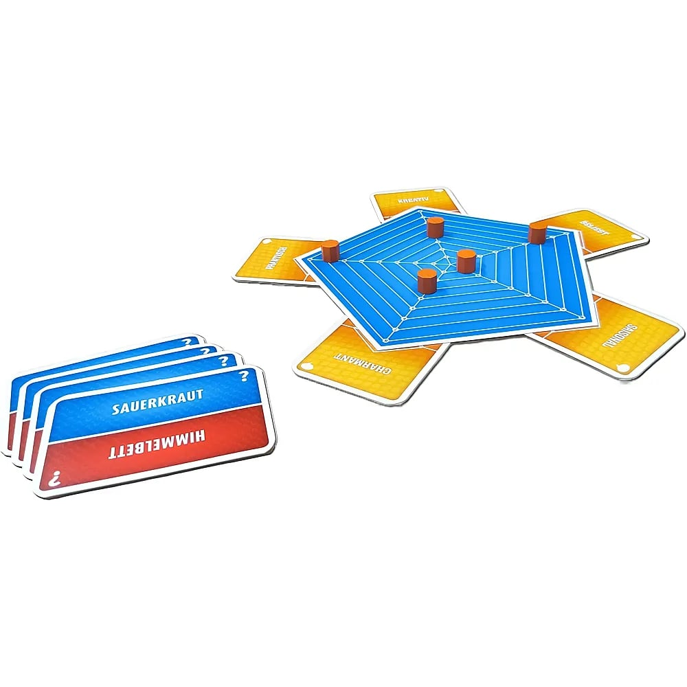 Ein blaues Brettspiel mit Holzteilen und gelben Karten liegt auf weißem Hintergrund, links daneben ein Stapel Karten.
