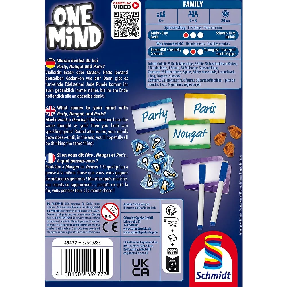 Rückseite der One Mind Brettspielschachtel mit Party-, Paris- und Nougat-Karten, Stiften und Edelsteinen.