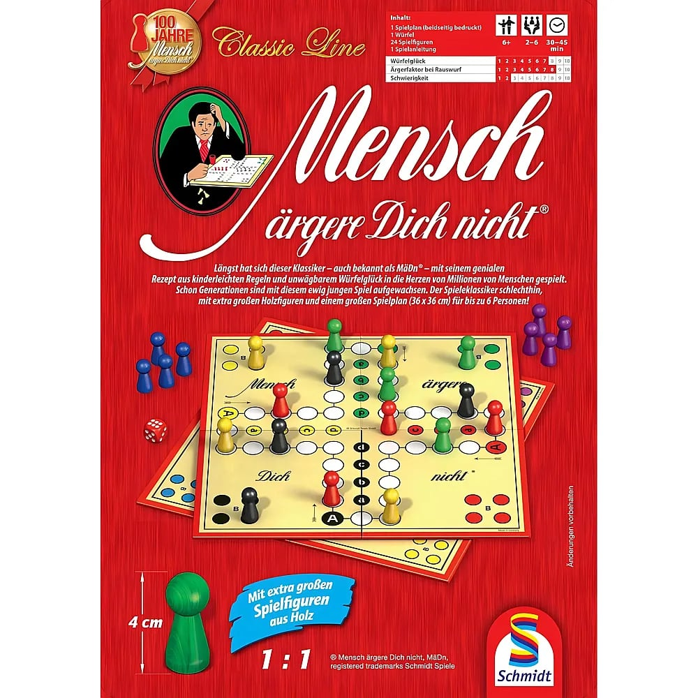 Die rote Spielschachtel des Klassikers Mensch ärgere Dich nicht von Schmidt Spiele mit Holzfiguren und Spielplan.