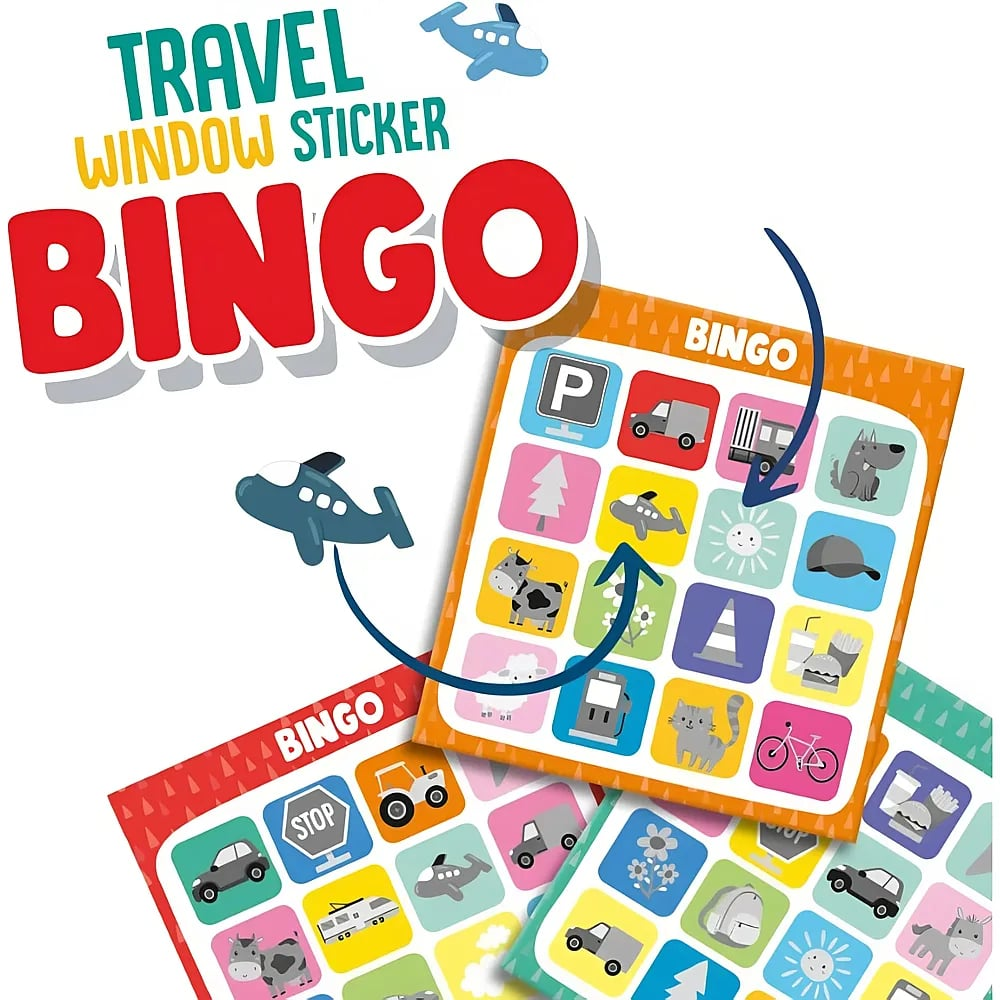 Bunte Bingo-Spielkarten für Reisen mit Symbolen von Autos, Tieren und Flugzeugen.