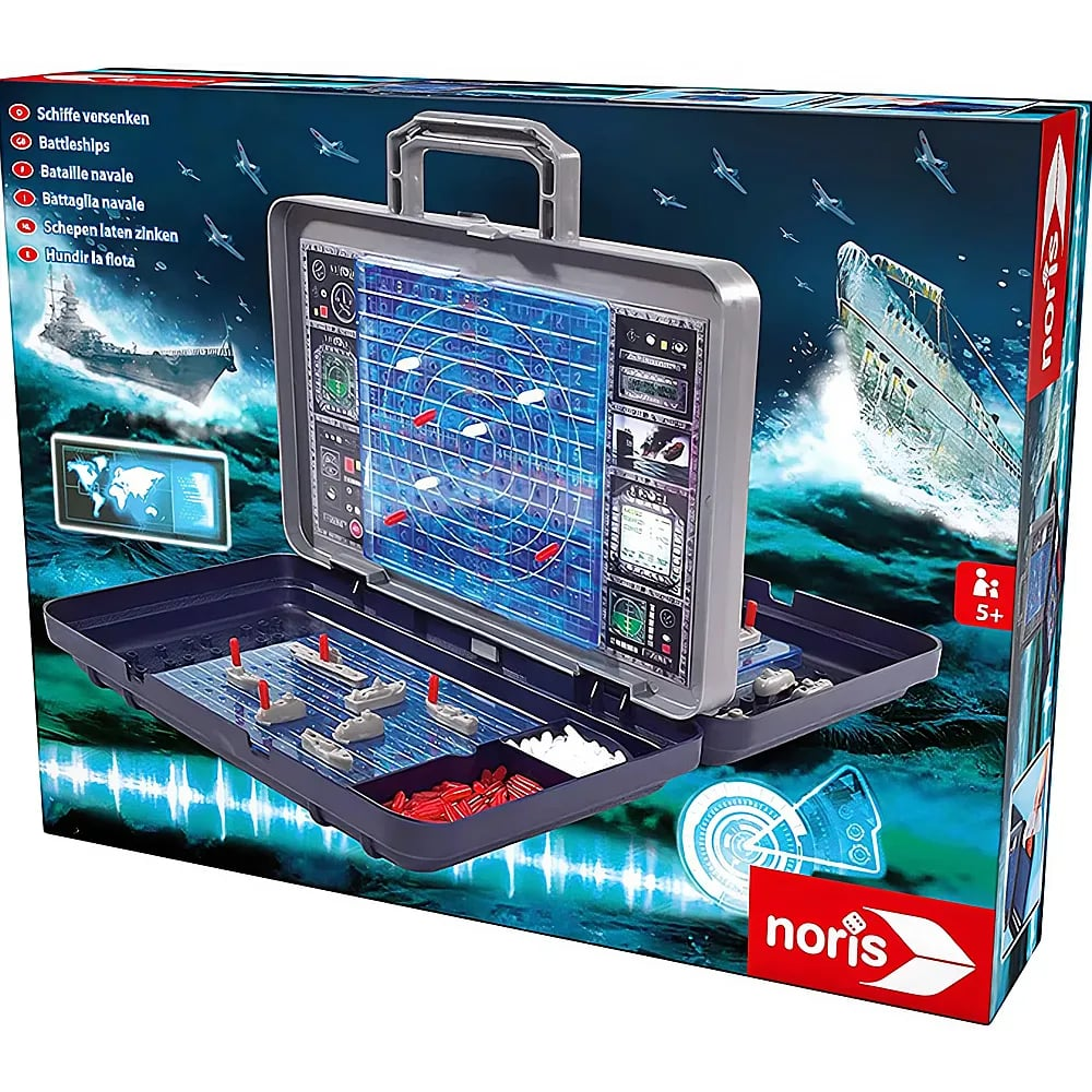 Ein Schiffe-Versenken-Spiel in einem grauen Plastikkoffer mit blauen Gittern, Plastikschiffen und roten und weißen Stiften.