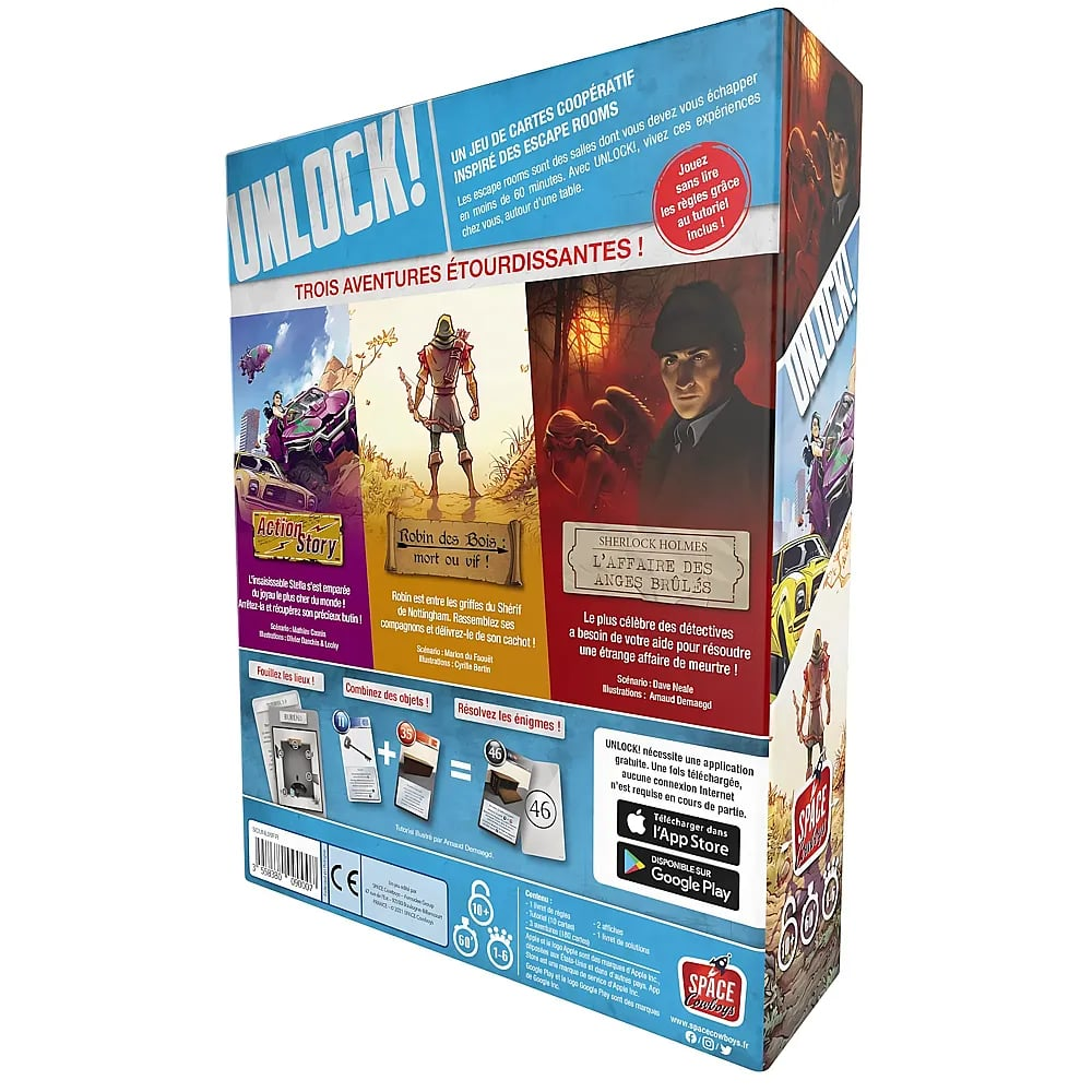 Rückseite der Unlock!-Kartenspielbox mit drei verschiedenen Abenteuerspielen, Texten und Spielregeln auf Französisch.