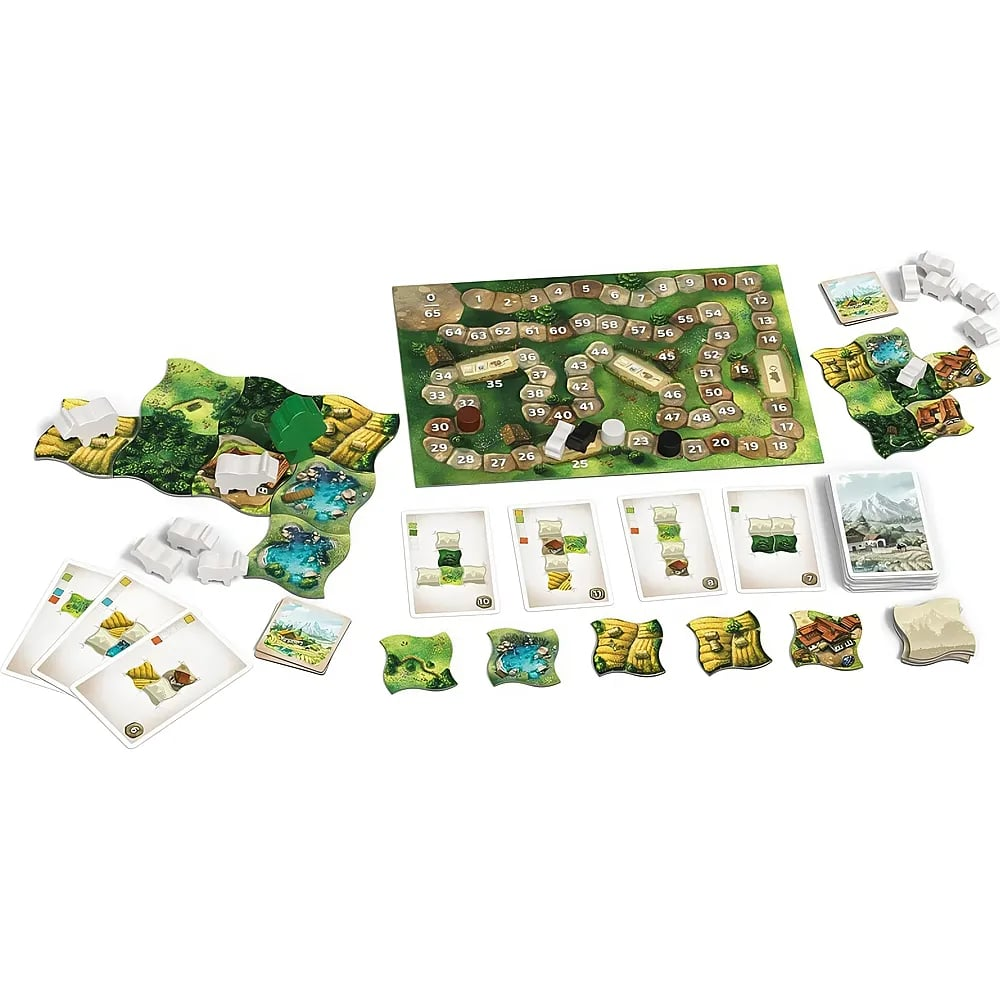 Ein Tisch mit einem Brettspiel, Karten, Figuren und kleinen Spielfeldern ausgebreitet.