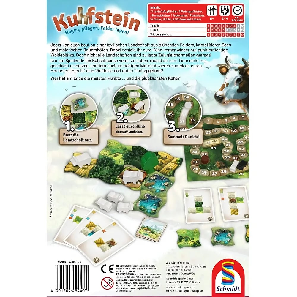 Rückseite der Kuhfstein-Spielschachtel mit Spielschritten, Kuhfiguren, Landschaftsplättchen und Spieldaten.
