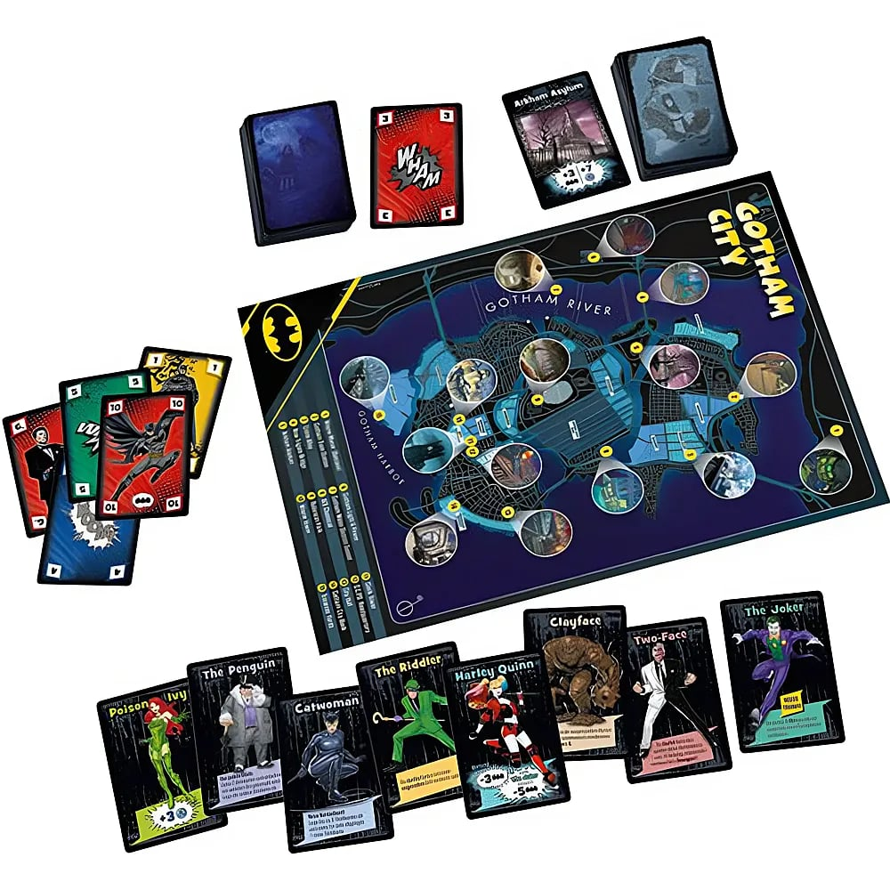 Ein Batman-Brettspiel mit Gotham-Karte, Charakterkarten wie Joker und Poison Ivy und gestapelten Decks.
