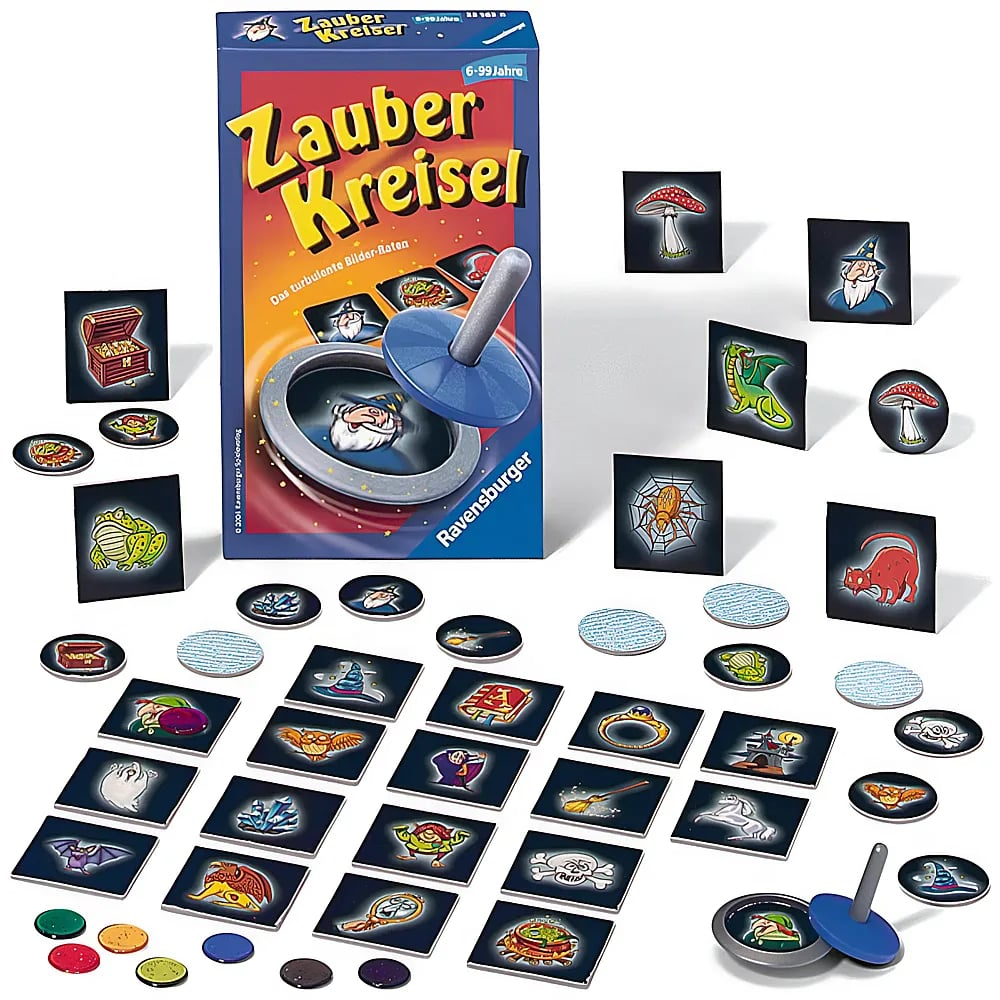 Ravensburgers Zauberkreisel Brettspiel mit bunten Spielkarten und Plättchen.