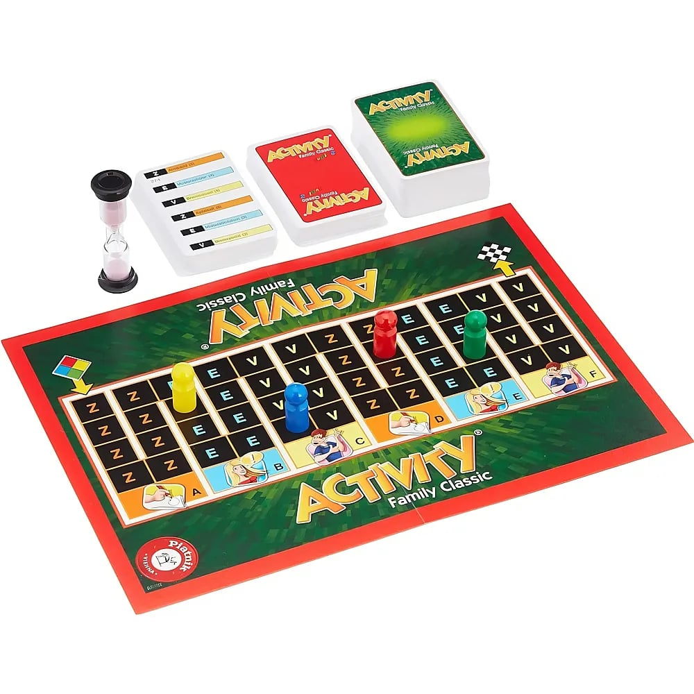 Ein Activity-Gesellschaftsspiel mit Spielbrett, bunten Figuren, Karten und einer Sanduhr.