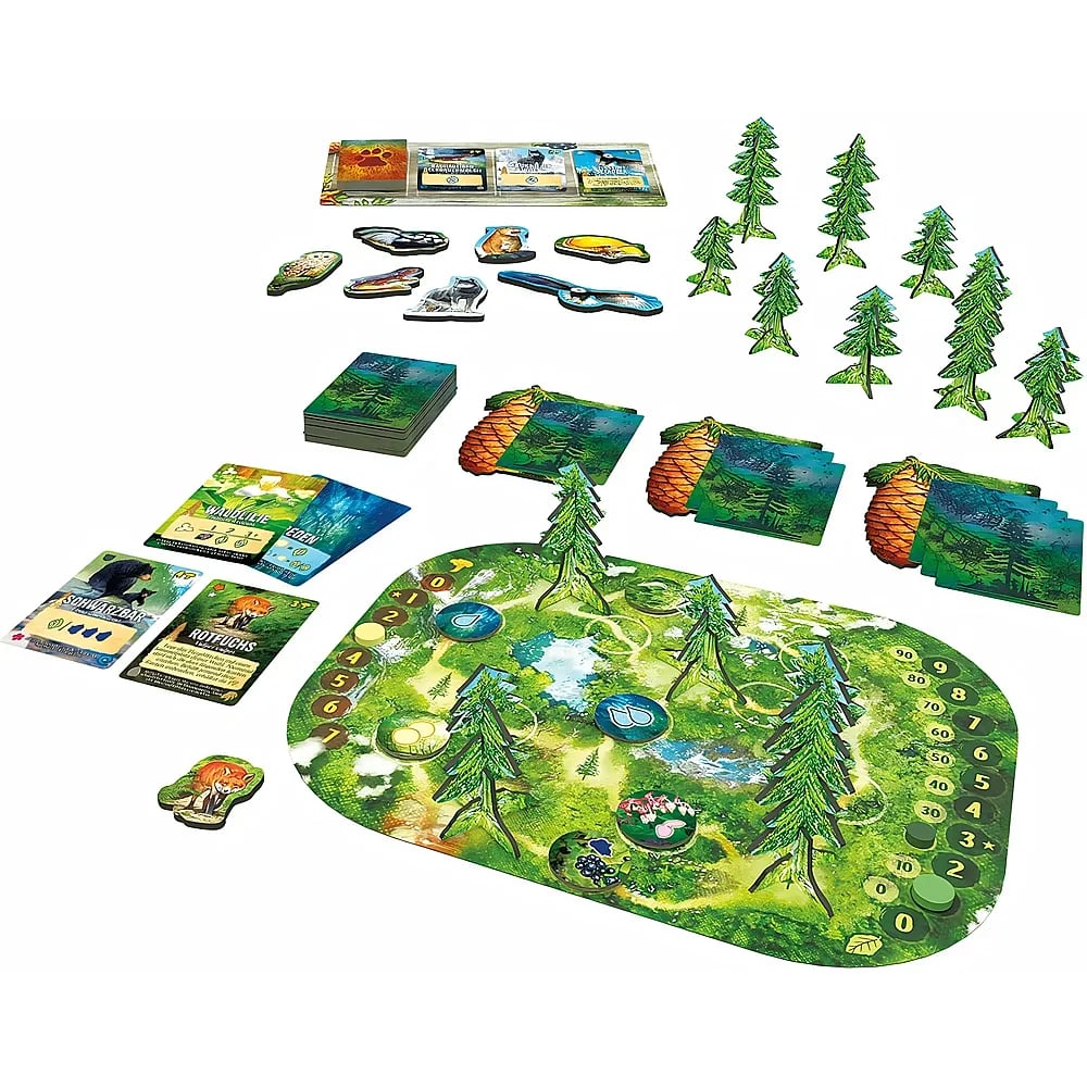 Un jeu de société sur la nature avec des cartes, des jetons d'animaux, de petits arbres et un grand plateau ovale.