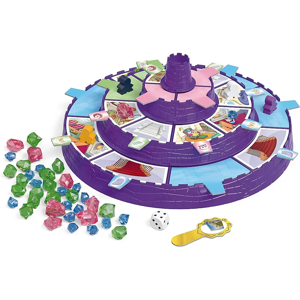 Un jeu de société violet à trois niveaux avec des gemmes colorées, des pions, un dé et de petites cartes.