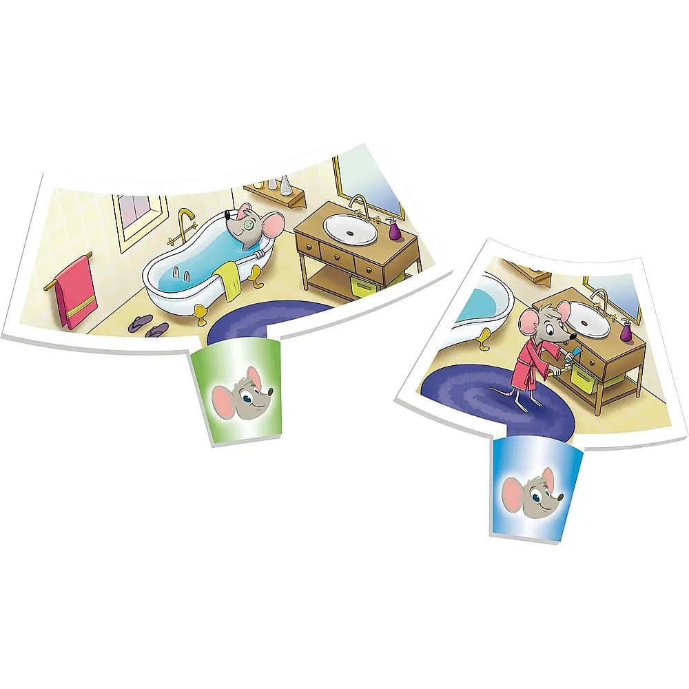 Deux pièces de puzzle montrant une souris de dessin animé dans une salle de bain, l'une dans une baignoire.