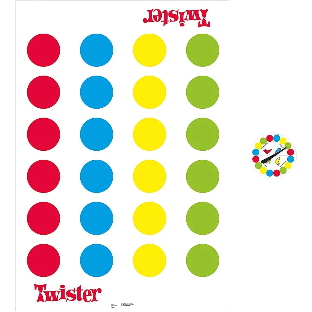 Mata do gry Twister z czerwonymi, niebieskimi, żółtymi i zielonymi kółkami oraz spinnerem na białym tle.