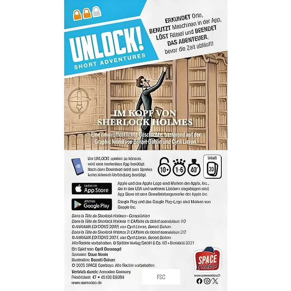 Spielverpackung von Unlock Short Adventures Im Kopf von Sherlock Holmes mit Detektivillustration.