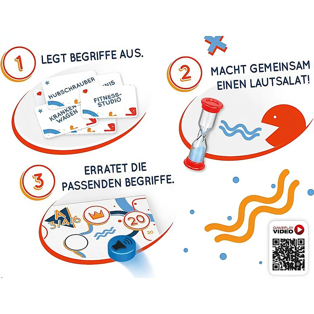 Spielanleitung mit drei Schritten, Karten, Sanduhr und QR-Code.