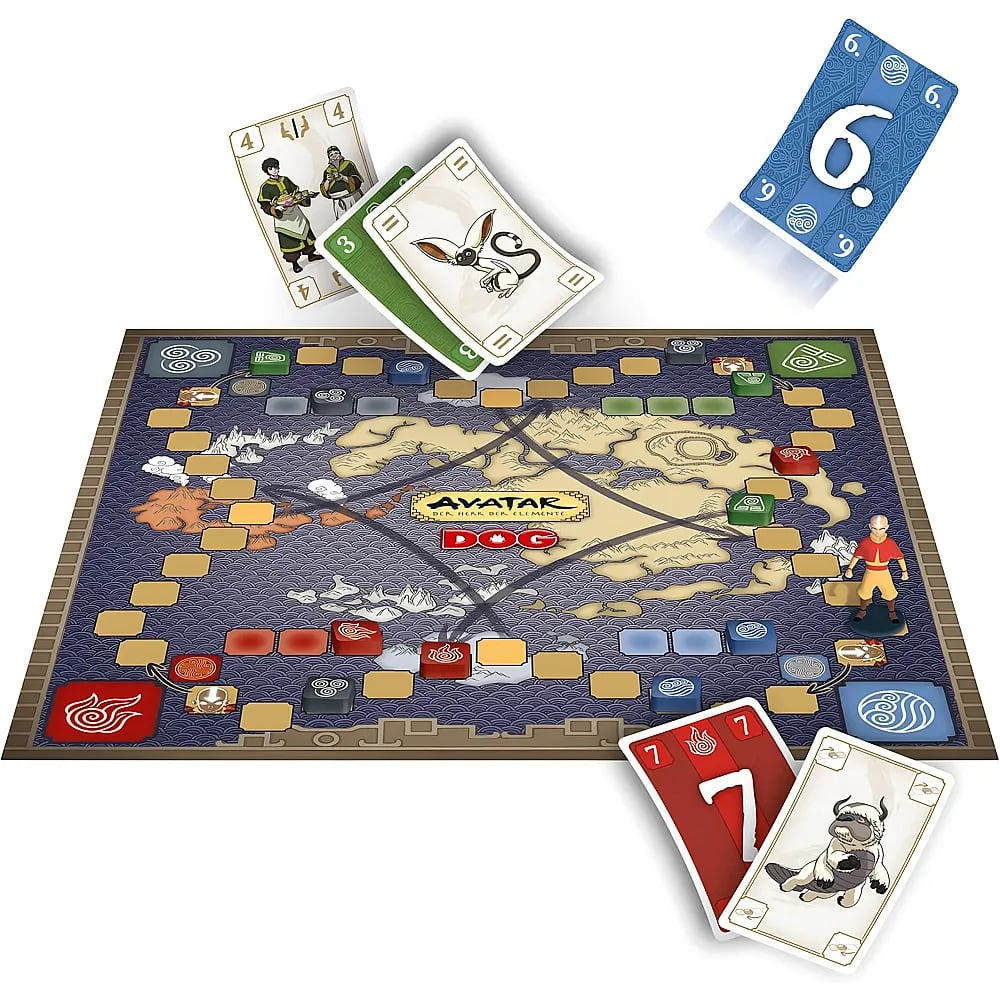 Ein Avatar-Brettspiel mit einem Spielplan, Spielfiguren und Aktionskarten auf weißem Hintergrund.