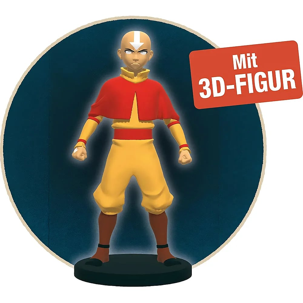 3D-Figur von Aang in gelb-roter Kleidung mit leuchtenden Augen vor blauem Hintergrund und rotem Text.