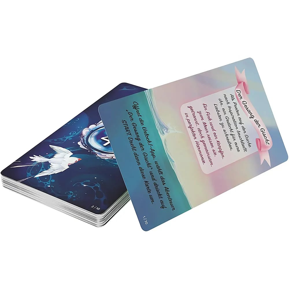 Zwei farbige Spielkarten mit deutschem Text und einer Illustration liegen auf einer glatten Oberfläche.