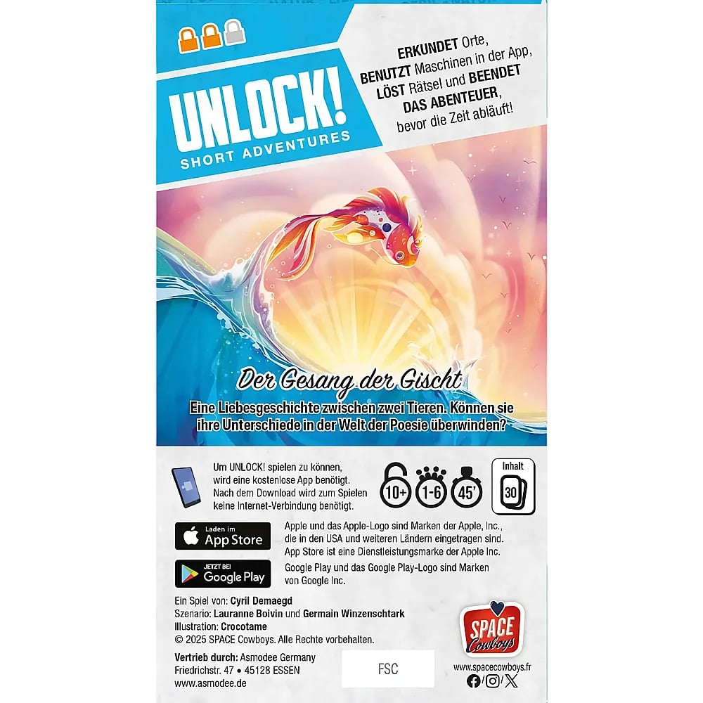Verpackung der Unlock! Short Adventures Brettspiel-Erweiterung 'Der Gesang der Gischt' mit bunten Fischen.