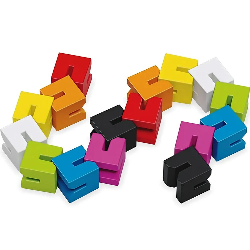 Des blocs colorés reliés forment une chaîne ondulée sur fond blanc.
