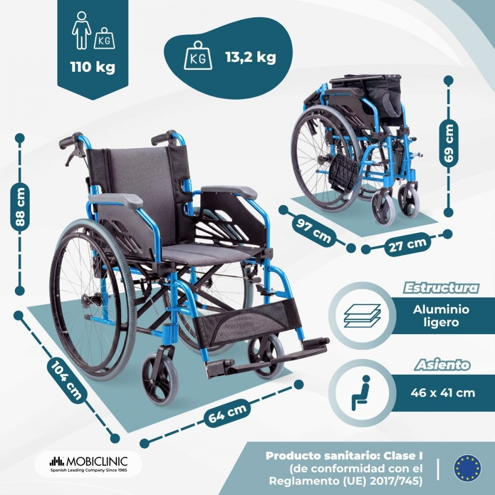 Infografía muestra una silla de ruedas azul ligera con medidas y peso.
