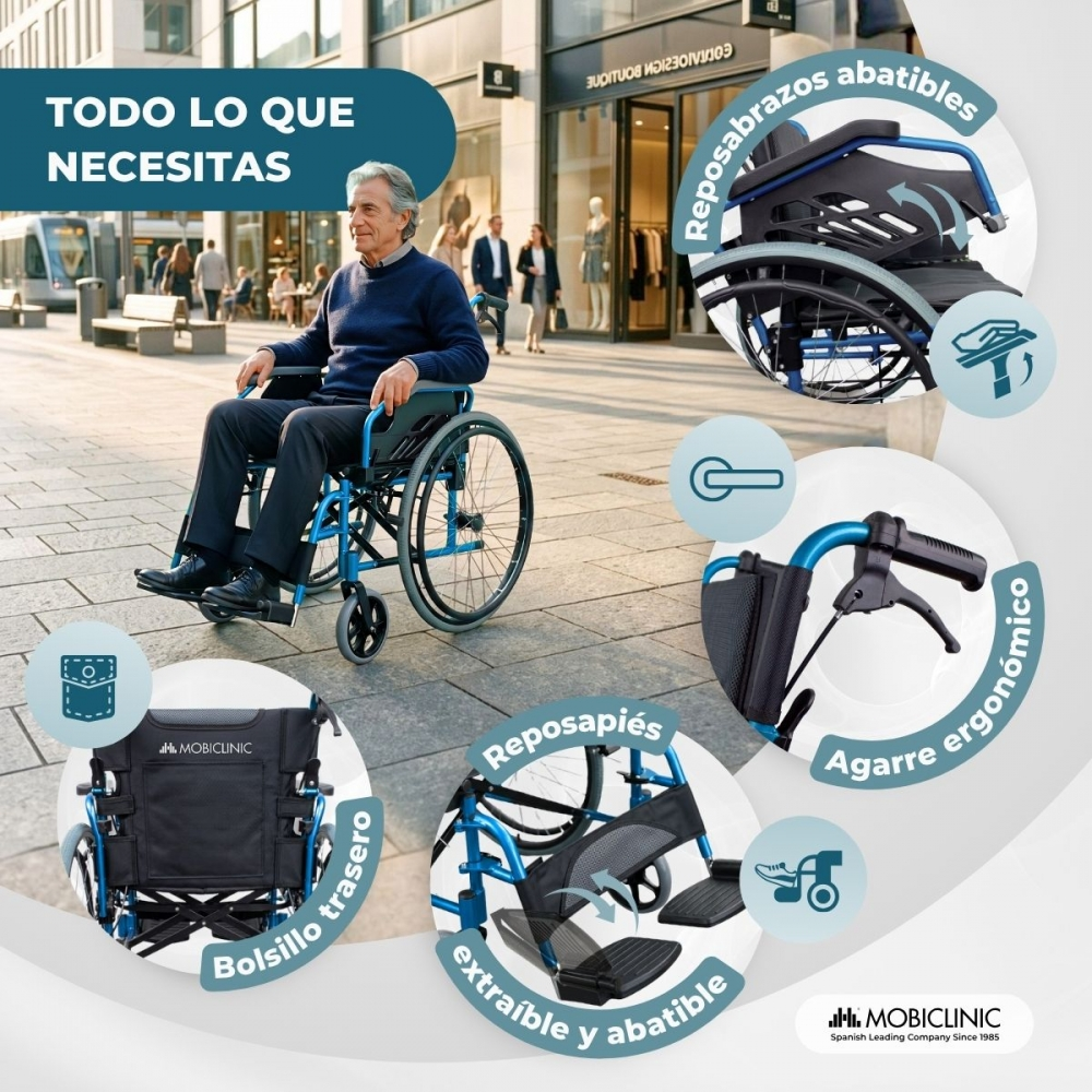 Un hombre mayor en silla de ruedas azul en la calle, rodeado de imágenes que destacan sus características.