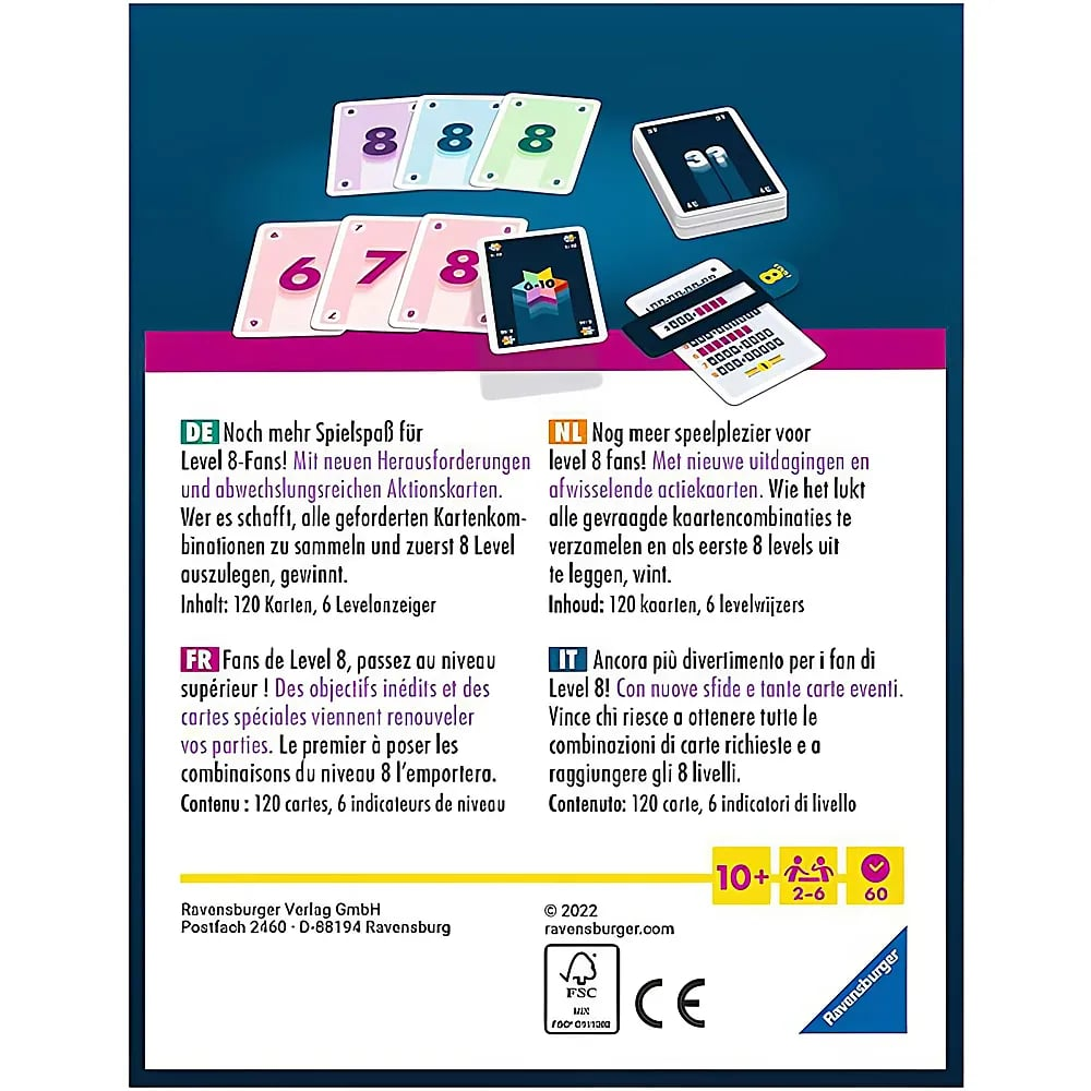 Rückseite der Ravensburger Level 8 Spielverpackung mit Texten in mehreren Sprachen und Kartenbeispielen.