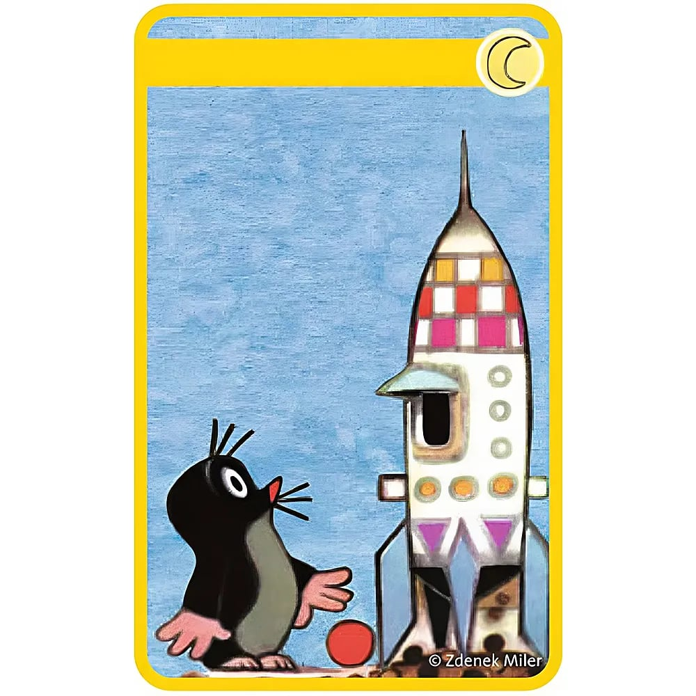 Ein kleiner schwarzer Maulwurf steht neben einer bunten Rakete unter einer Mondsichel vor blauem Hintergrund.