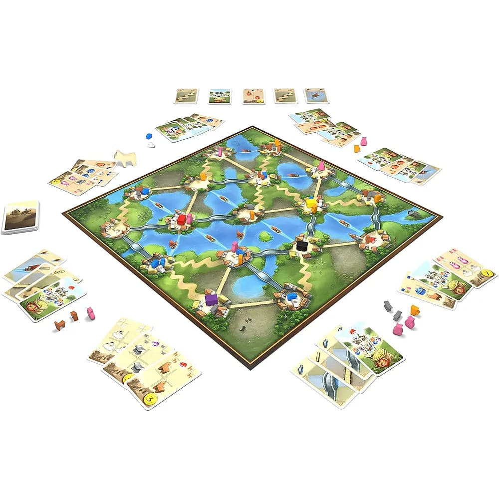 Ein farbenfrohes Brettspiel mit einer Fluss- und Landkarte, umgeben von Karten, Spielerfiguren und Markern.