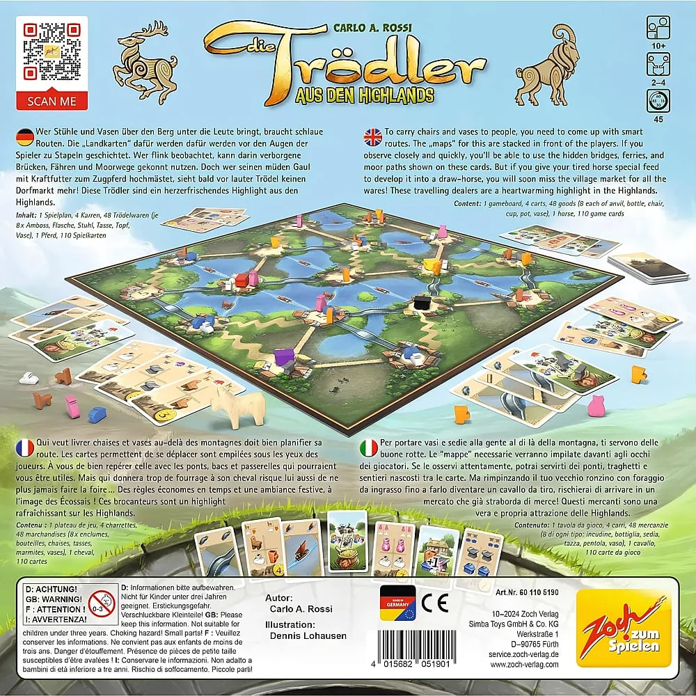 Die Brettspielverpackung zeigt das Spiel Die Trödler aus den Highlands mit Spielbrett, Karten und Figuren.