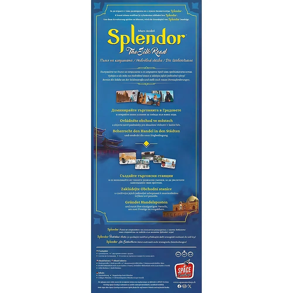 Blaue Brettspielverpackung von Splendor The Silk Road mit goldenem Text, Szenenbildern und Spielinhalt unten.