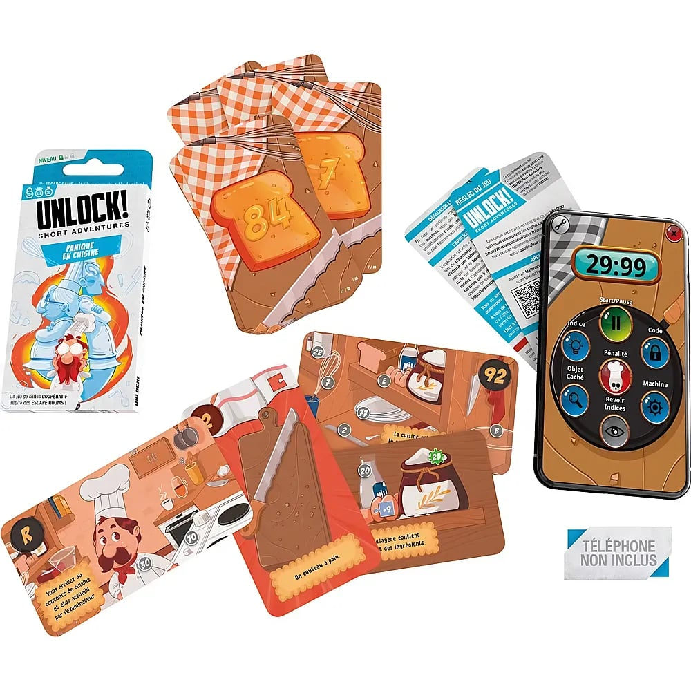 Unlock! Short Adventures Kartenspielbox und Komponenten mit Küchenthemenkarten und Timer-App-Grafik.