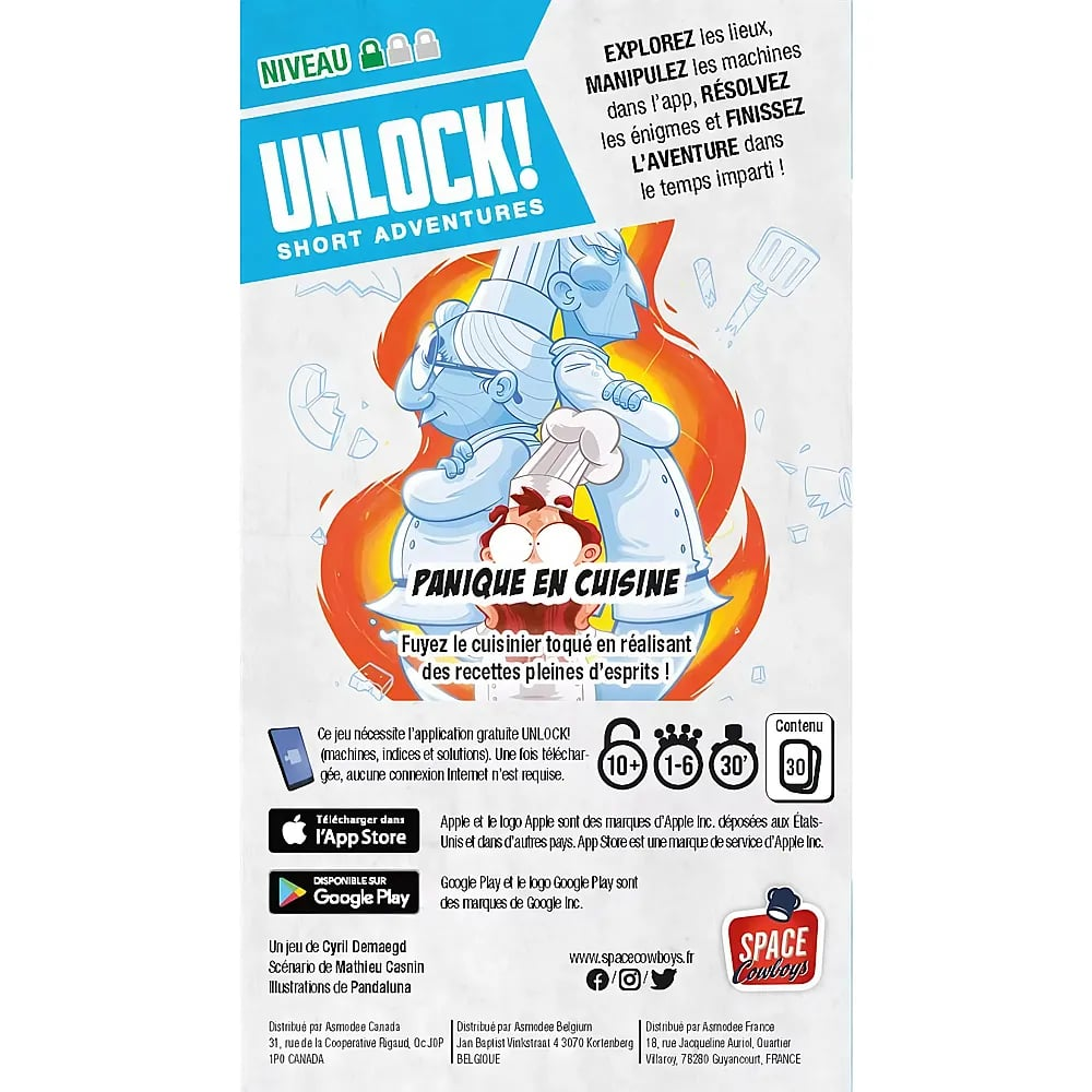 Spielverpackung für Unlock! Short Adventures Panique en Cuisine mit Cartoon-Koch.