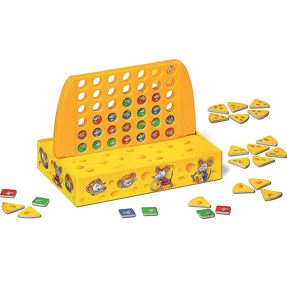 Ein gelbes, käseförmiges Vertikal-Brettspiel mit Mäuseillustrationen, bunten Spielsteinen und Käseecken.