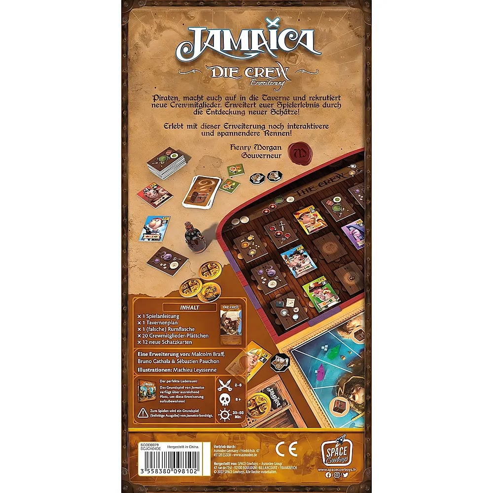 Rückseite der Jamaica Die Crew Brettspielverpackung mit Spielteilen und Text.