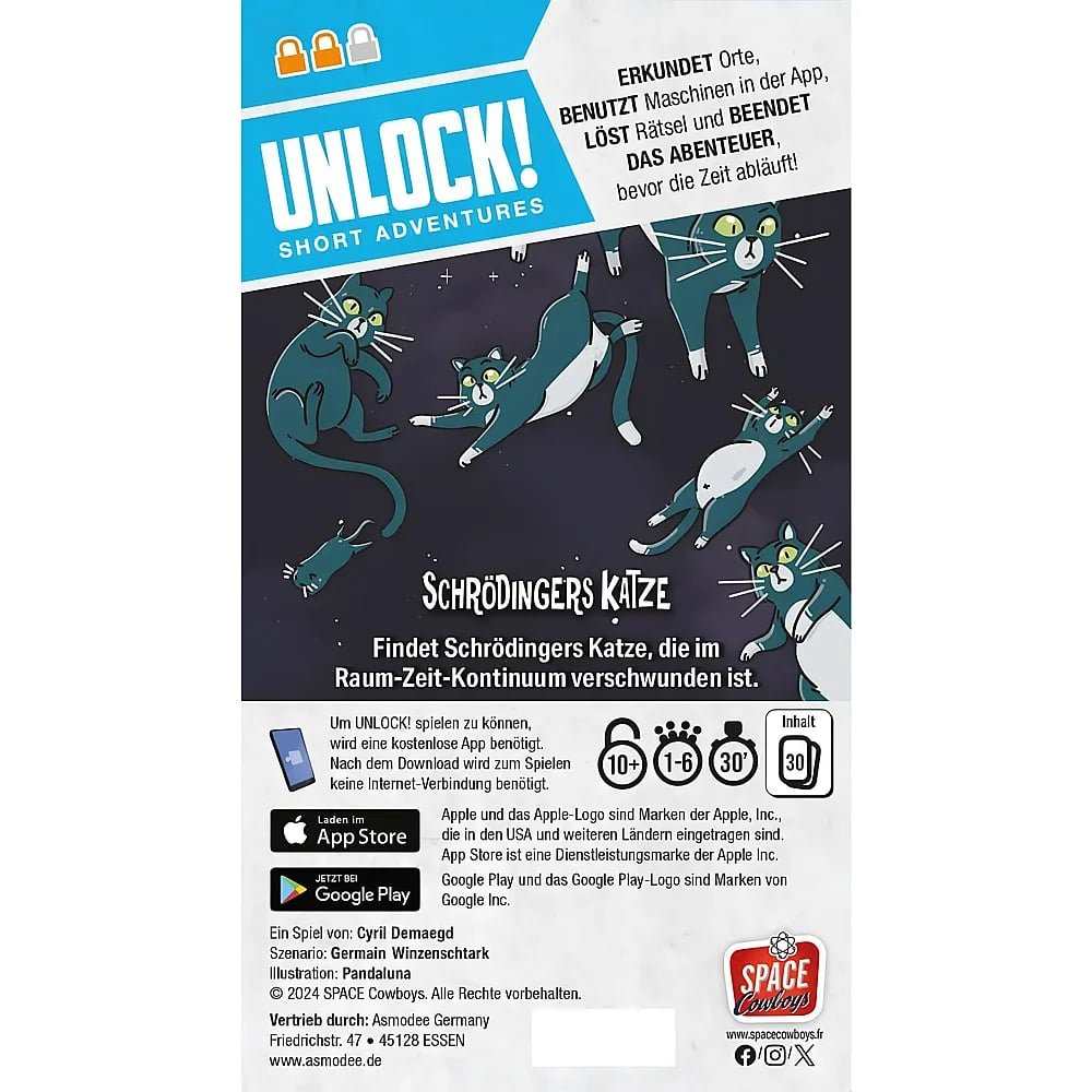 Spielverpackung von Unlock Short Adventures Schrödinger Katze mit Katzenillustrationen auf dunklem Hintergrund.