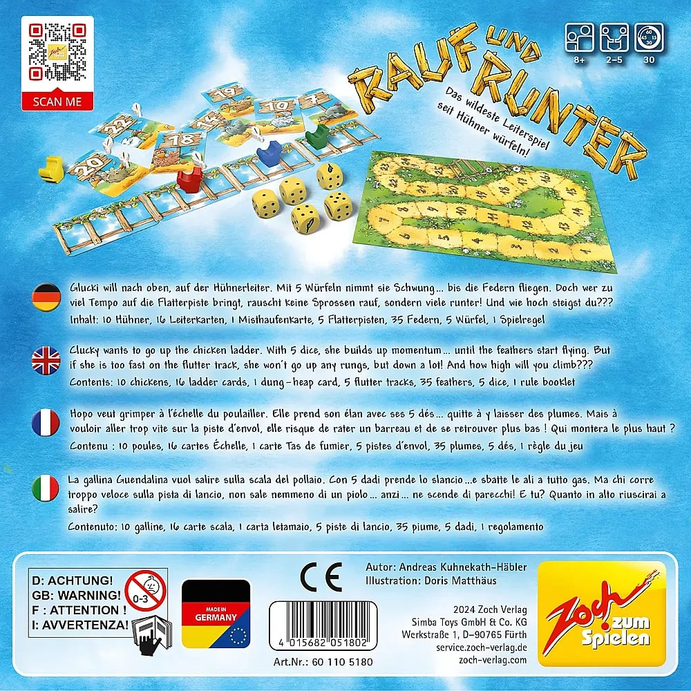 Rückseite der Brettspielverpackung Rauf und Runter von Zoch mit Spielkomponenten, Würfeln und Beschreibungen.