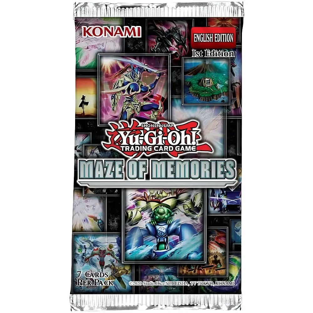Yu-Gi-Oh! Maze of Memories Booster-Pack mit verschiedenen Monsterkarten und Konami-Logo.