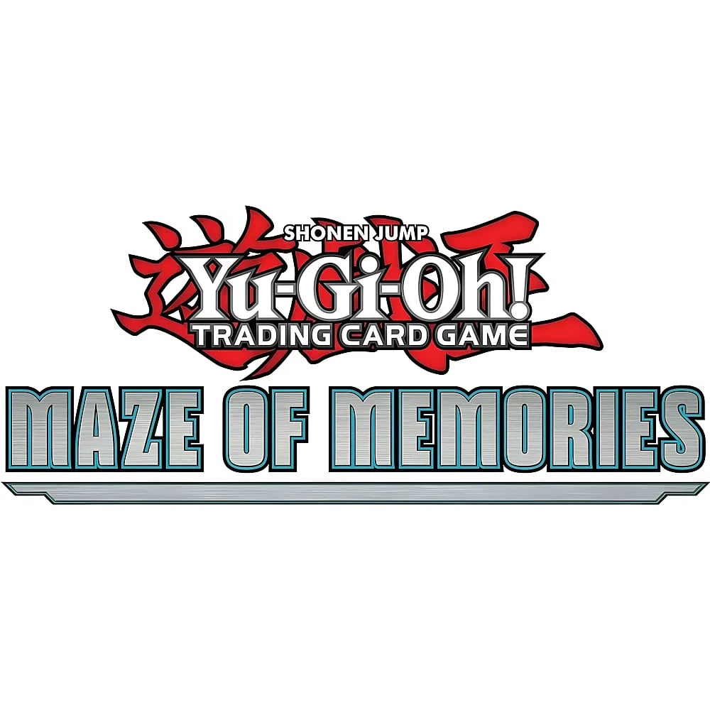 Das Logo des Yu-Gi-Oh! TCG, Maze of Memories, in Rot und Silber auf weißem Grund.